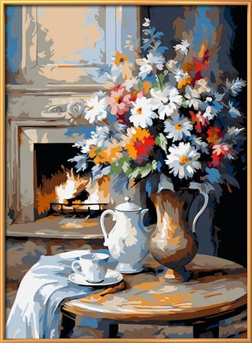 Image of Leczany Cross Stitch Stamped Kit for Beginner - Fireplace and Flowers | DIY Embroidery Starter Patterns Craft Kit Needlepoint for Adults | 11CT, 3 Strands | 13x17.7 inches