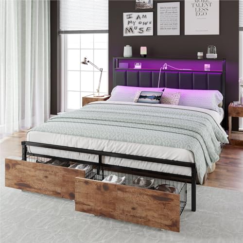 Image of AMERLIFE Full Size LED Bed Frame with 2 Drawers & 2-Tier Headboard | Rustic Brown, Platform Bed, Charging Station, Leather Upholstery, Noise-Free, No Box Spring, Easy Assembly