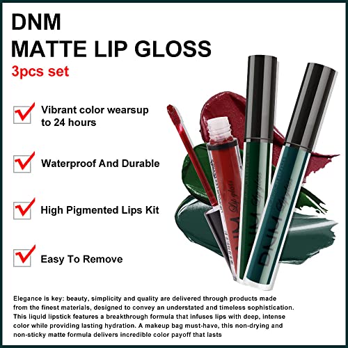 Evpct 3Pcs Dark Color Colored Red Army Green Matte Liquid Lipstick Makeup Set 24 Hour Long Lasting Waterproof Smudge Proof Deep Red Green Liquid Lipstick Matte Lip Stain Gloss Liner Green Makeup Kit 8 #TOP1