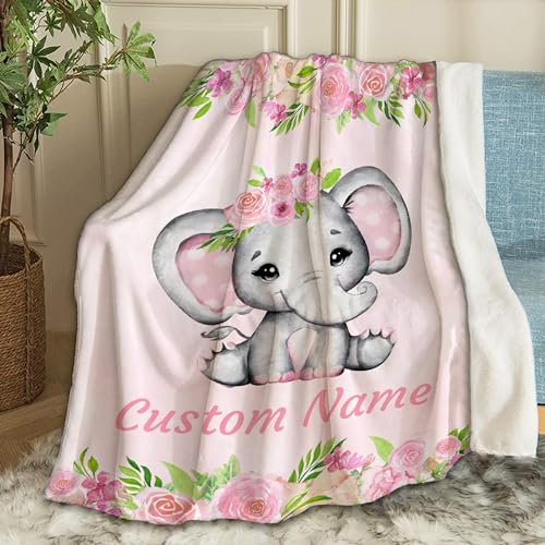 Ottoy Personalized Elephant Floral Baby Blanket Gifts for Girl Boys Custom Elephant Floral Blanket Super Soft Blankets for Couch Air-Conditioning Quilts Chirstmas Gifts Decor 60
