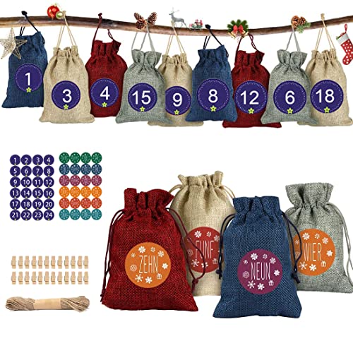 24 unidades de calendario de adviento para rellenar bolsas de tela, 5,3 x 3,7 pulgadas, bolsas de regalo para calendario de adviento y manualidades, Pascua, cumpleaños infantiles, boda Cover