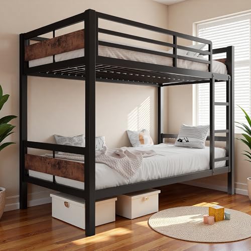 Image of iPormis Metal Bunk Bed Twin Over Twin, HeHeavy Duty Bunk with High Guardrail and Safety Entrance Design, Under-Bed Storage Space, No Box Spring Needed, Noise Free, Vintage Brown
