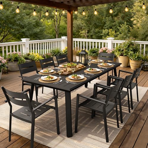 PATIOHIT 9-Piece Aluminum Outdoor Dining Set, 82' Large Rectangular Patio Table & 8 Stackable Armchairs Rust Proof Outdoor Furniture with Umbrella Hole for Lawn Garden Deck, Black