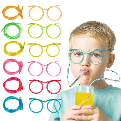 EULAPGOE 12 Pcs Silly Glasses Straws, Reusable Curl Straws, Fun Party Accessories, Fun Birthday Kit, Ideal Party Supplies for Milk, Juice, Beach Party