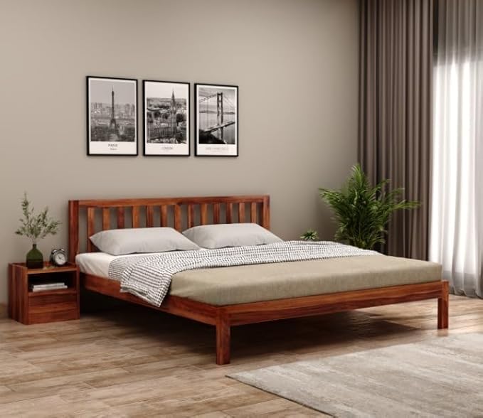 Solid Sheesham Wood Queen Size Bed Without Storage for Bedroom - Wooden Queen Size Cot Bed for Home - Handcrafted Furniture Platform Double Bed (Honey Finish)