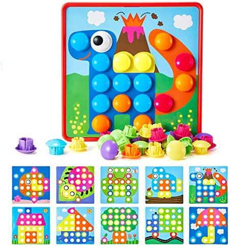 Button Art Toys for Toddlers, Geekper Color Matching Mosaic Pegboard, Early Learning Educational Toys for 3, 4, 5, 6 Year Old Kids Boys and Girls Christmas Gifts, 10 Pictures and 58 Buttons