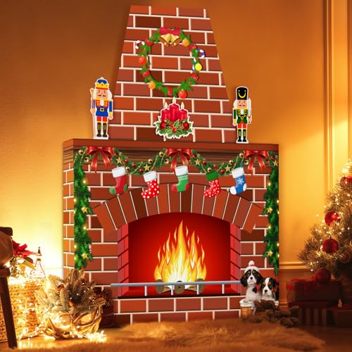 Fullhawl Cardboard Fireplace for Christmas Large Cardboard Fireplace Prop 3D Fake Centerpiece with Faux Chimney for Christmas Party Background Decor, 38 x 30 x 7 Inches(Red Brick,Red)