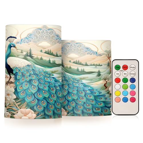 ALAZA Peacock (3) Flickering Flameless Candles Battery Operated with Remote Timer,Tea Light Candles LED Pillar Votive Candles Set of 2 for Outdoor Indoor Decorations