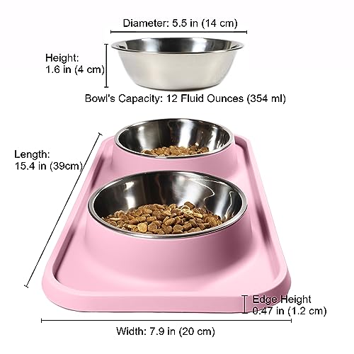L.D.Dog Katzenfutternäpfe, Katzennäpfe, rutschfest und auslaufsicher, Silikonmatten mit Ständer, herausnehmbare Edelstahl-Futter- und Wasserschalen für Katzen (Pink)