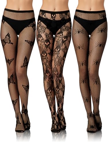 Image of Bencailor 3 Pairs Halloween Women Fishnet Stocking Tight Legging Black Stockings Small Hole Pattern High Pantyhose Waist Lace