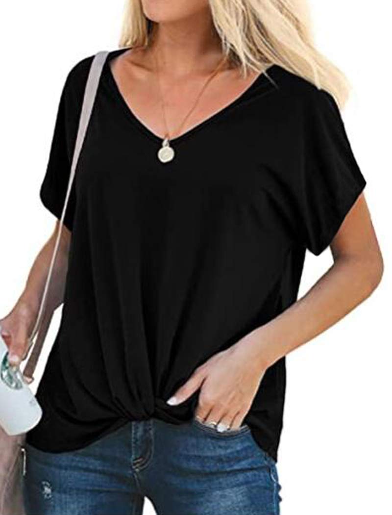 Womens Summer Tops Short Sleeve V Neck Blouse Knot Front T Shirts