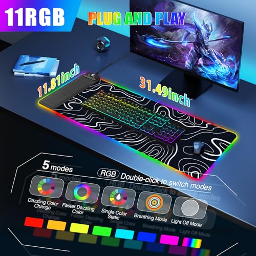 Image of Mouse Pad with Foldable Phone Holder & Wireless Charger, XL RGB Gaming Mousepad 31.5 inchx11.8 inch Large Desk Mat for Keyboard, Home Desk Pad with Dual Qi Charging Station | 11 Colors & 5 Modes | Waterproof