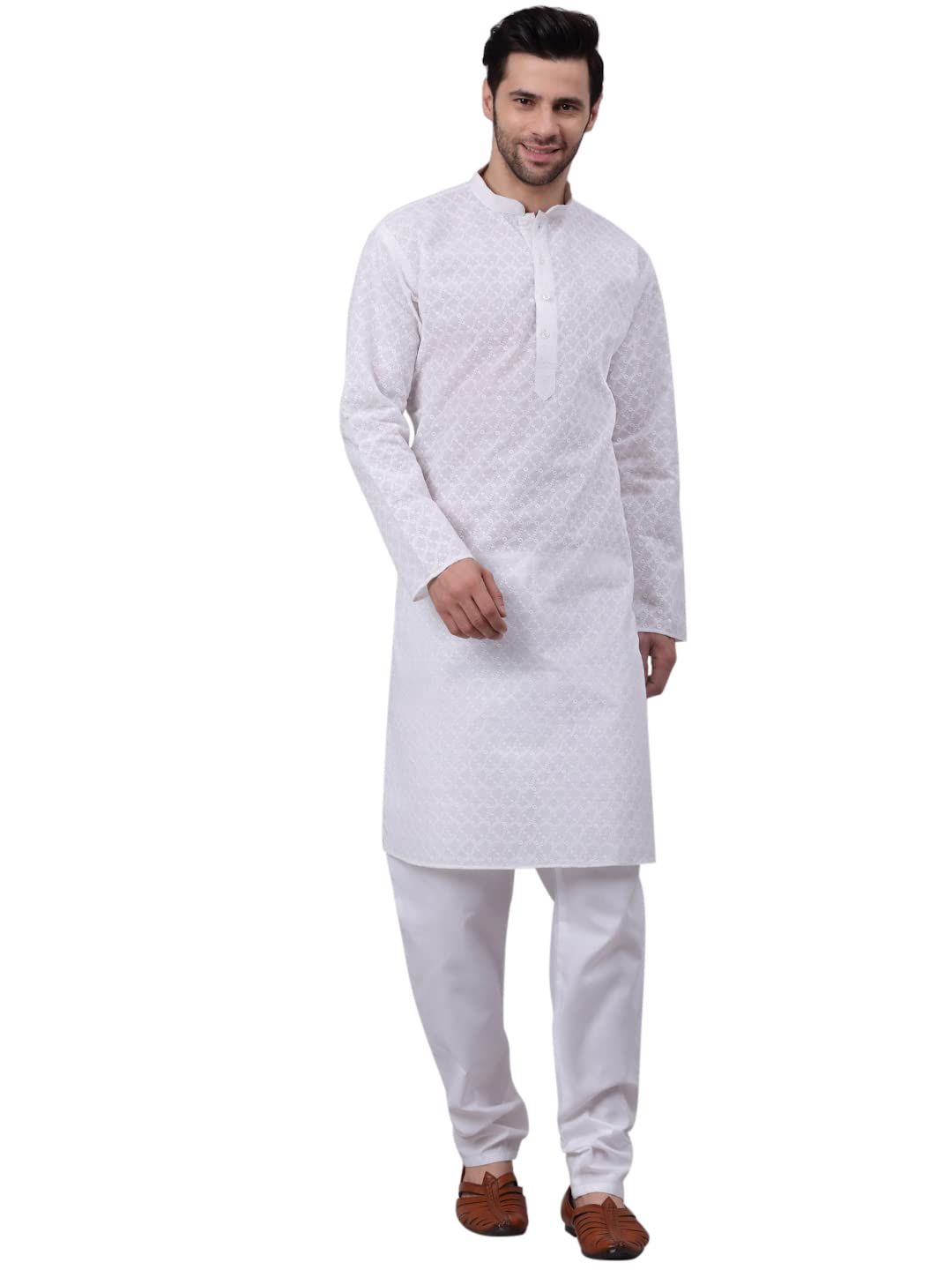 kraft india Men White Chikankari Kurta with white Pyjama-picture-31