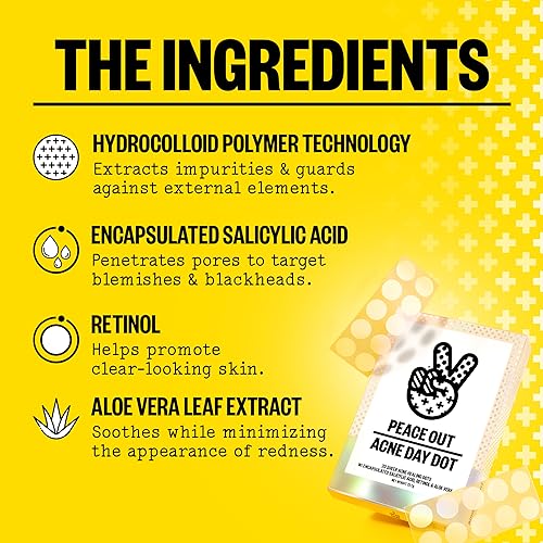 Peace Out Skincare Acne Day Dot. 6-hour Fast Acting Sheer Hydrocolloid Pimple Patches with Salicylic Acid, Ultra-Thin, Virtually Invisible, Quickly Clear Breakouts, Blemishes and Zits, 20 dots
