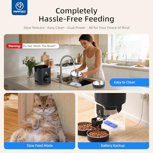 PAPIFEED Automatic Cat Feeder 2 Cats, 2.4G WiFi Cat Food Dispenser with App Control, 7L Slow Feeder Timed Cat Feeder for Dry Food, 10 Meals/Day, 12 Portions/Meal, Dual Power Supply, Black - Image 7