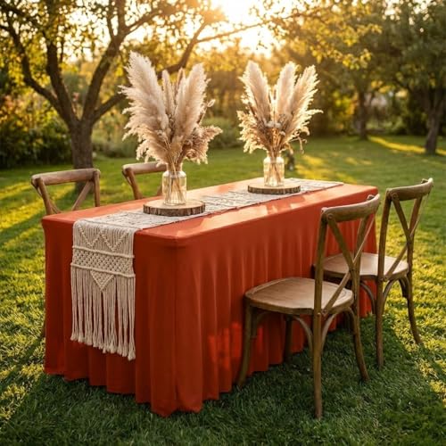 Image of HolidayIdeas 2 Pack Spandex Table Skirts for 6ft Rectangle Tables, Stretch Ruffle Cover for Boho Wedding, Rustic Garden Party, Outdoor Glamping Decor, Rust