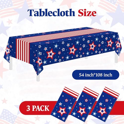 Image of Childom 3 Pack Patriotic Tablecloths 54 inchx108 inch Disposable American Flag Tablecloth for 4th of July Decorations, Memorial Day Decorations,Fourth of July Party Supplies,Red White and Blue Decorations