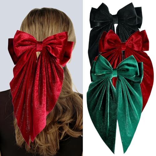 Loqpol 3 PCS Large Velvet Hair Bows, Oversized Long Tail Bows with Aliigator Clips, Coquette Hair Accessories for Women and Girls (Black - Wine Red - Green)