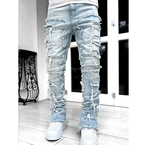 Mens Stacked Jeans Slim Fit Ripped Jeans Destroyed Straight Denim Pants Harajuku Hip Hop Trouser Streetwear3