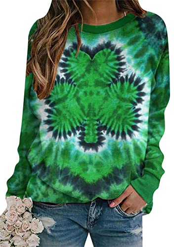 Image of Womens St. Patrick Day Lucky Clover Sweatershirt Crew Neck Long Sleeve Blouse Graphics Tie Dye Pullover