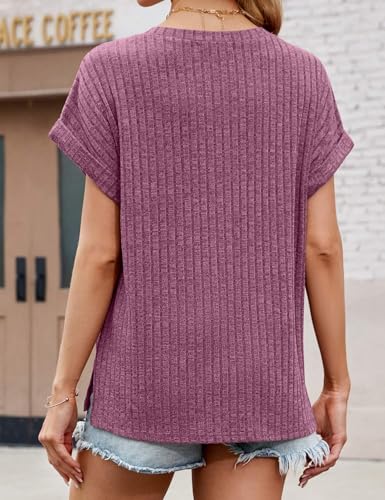 JUSTFASHIONNOW Summer Tops for Women 2026 V Neck Short Sleeve Mother's Day Shirts Trendy Basic Tees Dressy Casual Outfits Fuchsia L — view 5