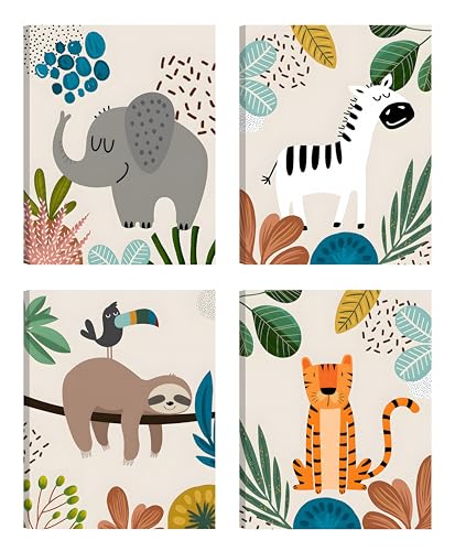 Image of 4pcs Framed Safari Cartoon Jungle Animal Wall Art 12x16 inches | elephant, zebra, sloth & tiger Canvas Paintings Prints.Kid Room Baby Room Decor.