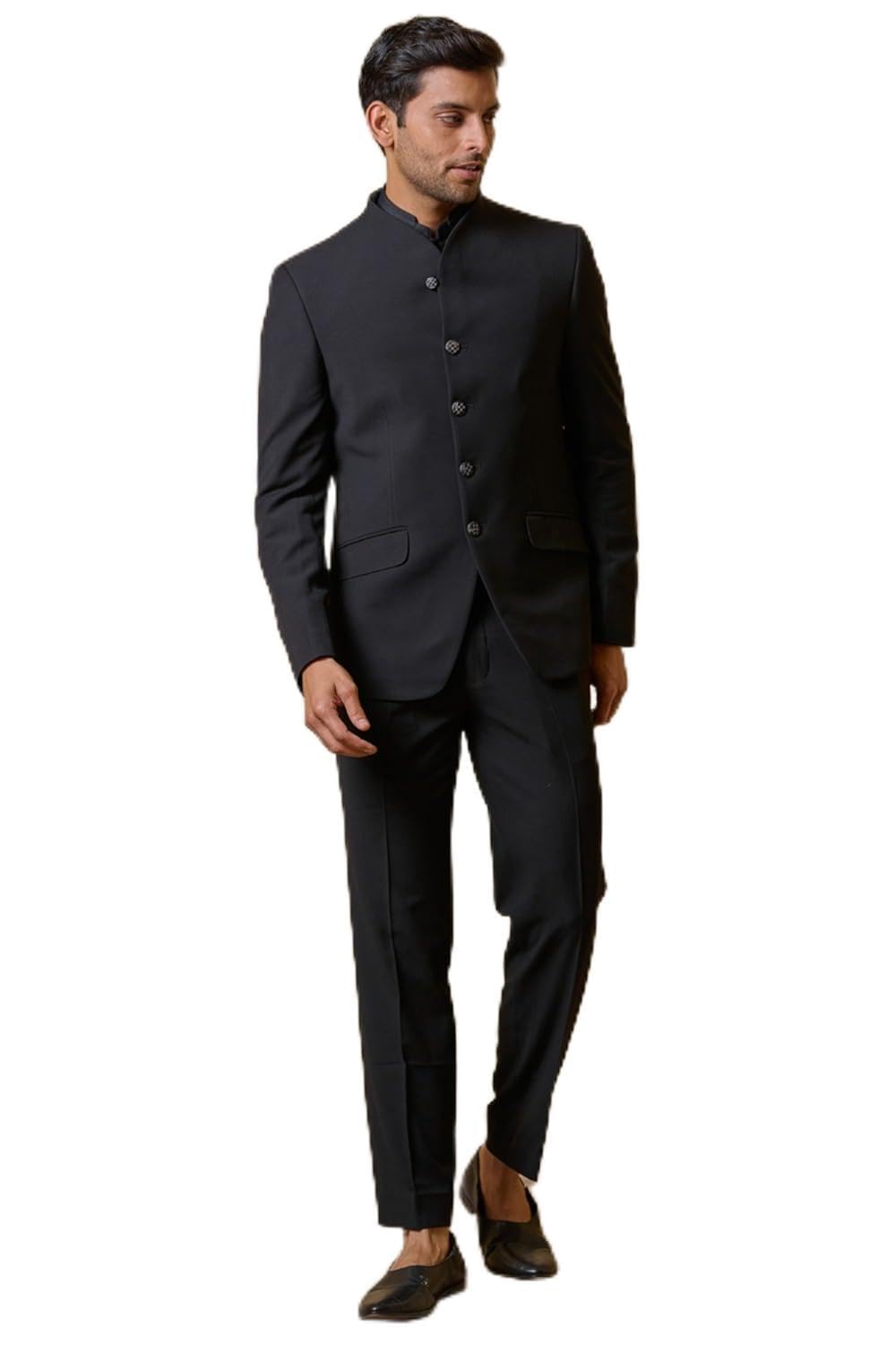 tasva Black Plain Stretch Bandhgala With Built Up Neck For Men-picture-11