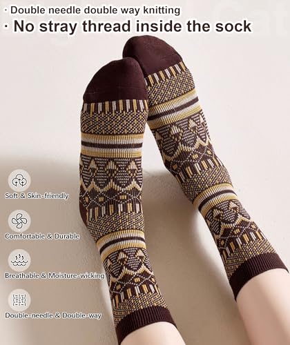 Image of IIG 3-5 Pairs Womens Vintage Cozy Crew Socks Soft Cute Neutral Cotton Socks Exquisite Patterns Socks Gift