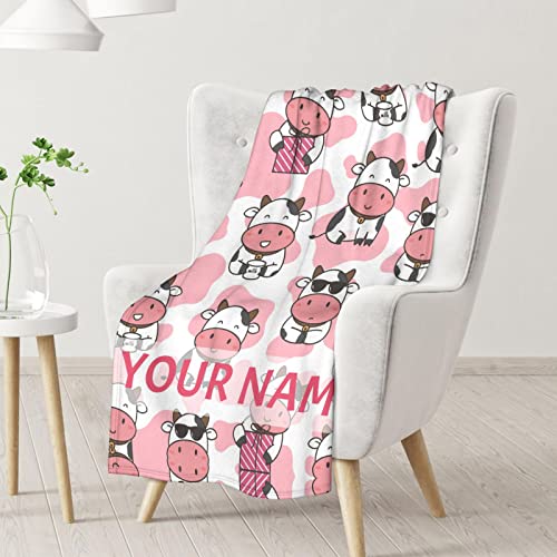 Personalized Cow Blanket Gifts with Name - 30"x40" Cute Throw for Women, Girls - Pink Soft Fuzzy Blankets for Couch & Office