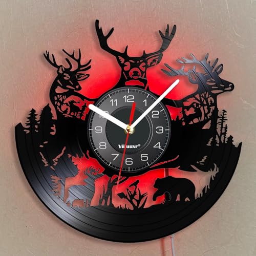 Viiluuxr Disque Vinyle Pendules Murales 30 cm de Diamètre Savane Africaine Motif Horloge Digitale LED Moderne Horloge Cuisine Salon Lumineuse Silencieuse sans Tic-tac...