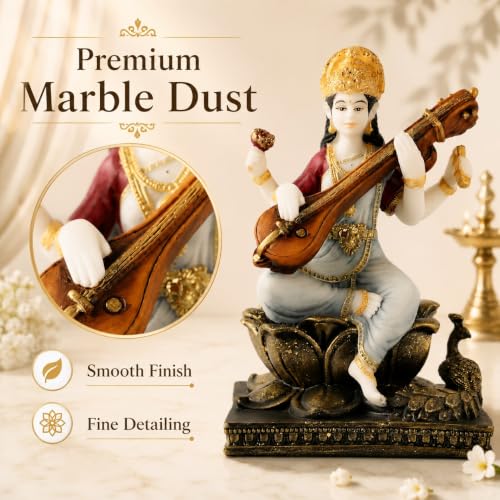 Image of ARMONIA Saraswati Devi Idol with Veena 7.8 Inch Home Decor |Polystone Figurine Marble Looks|Maa Saraswati Murti for Pooja,Mandir,Showpiece & Gifting Item|Best Religious Gift for Wedding & Housewarming