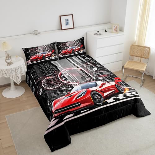 Image of Feelyou Red Race car Comforter Set for Girls Boys Racing Car Comforter Speed Sports Car Bedding Set Room Decor Extreme Sports Duvet Set Automobile Full Size Quilt 3Pcs Boys