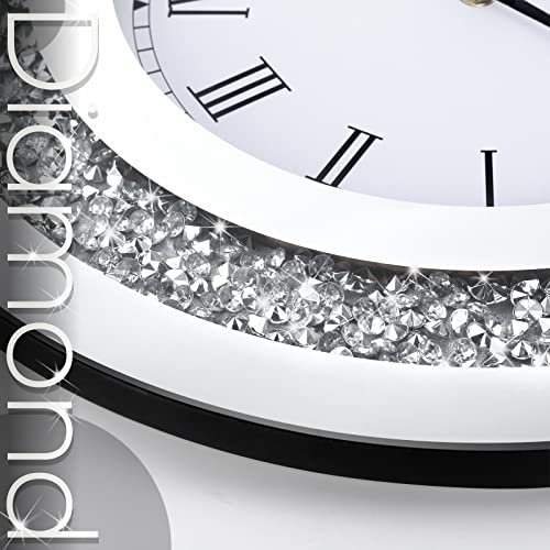 Laumoi Silver Round Mirror Clock Crystal Crush Diamond Mirrored Sparkle Twinkle Bling Diamond Decor Large Wall Clock Decoration For Glam Room Decor Glass Mirror Home Decor, Aa Battery Not Included #TOP2
