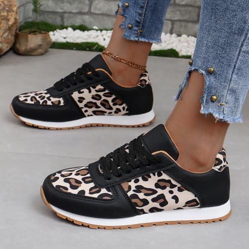 Women's Leopard Print Fashion Sneakers, Black and Tan Athletic Shoes with Lace-up Design2