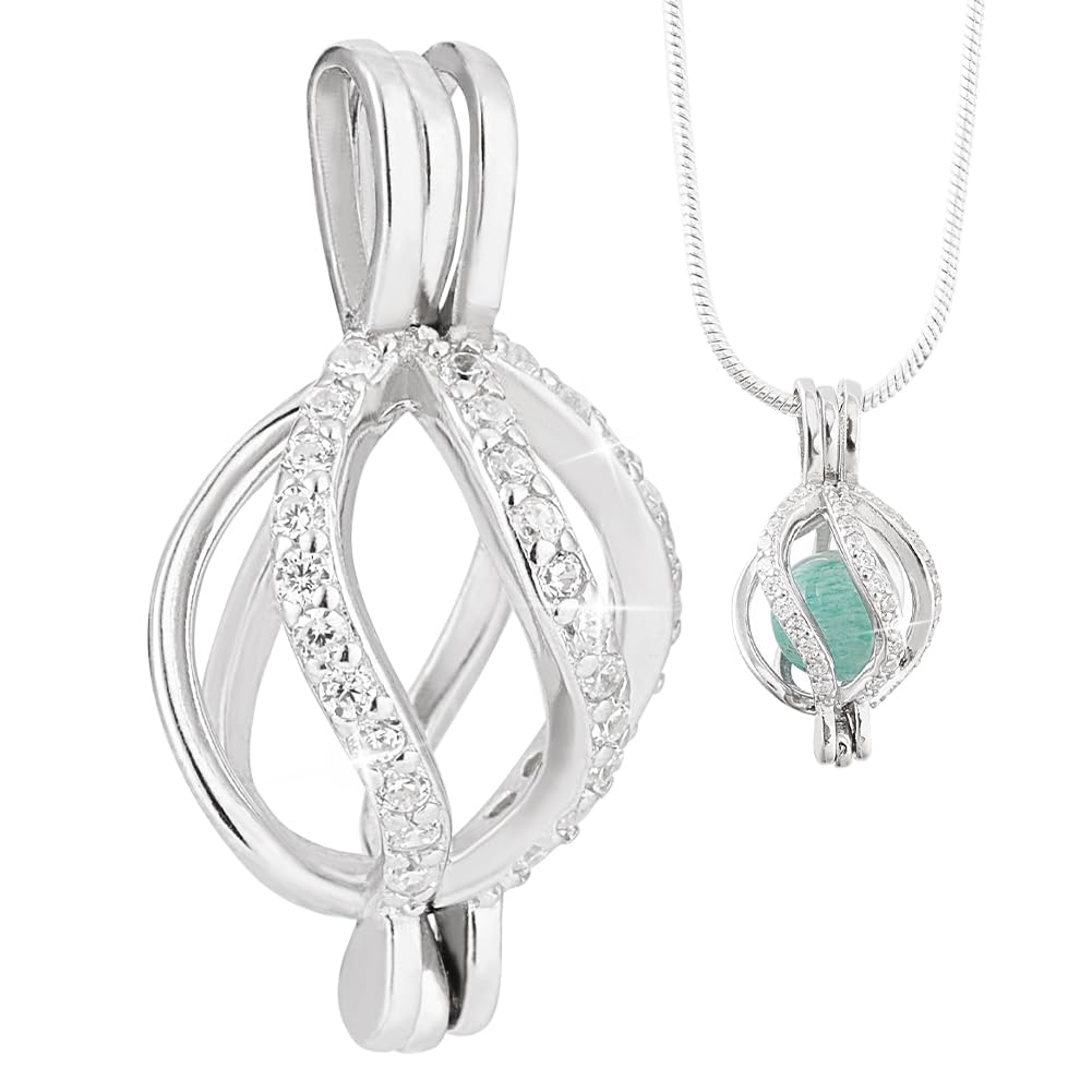 PH PandaHall925 Sterling Silver Oval Cage Pendant, Platinum Pendant Mounting Setting Bead Frame Pendant Blank with Cubic Zirconia Bead Cage Locket Pendants for Necklace Jewelry Making