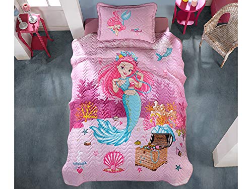 paradise-RANFORCE-100-Cotton-Girls-Bedding-Mermaid-Themed-Bedspread-Coverlet-with-Pillowcase-Pink-Twin-Size 51ll9GXw0tL
