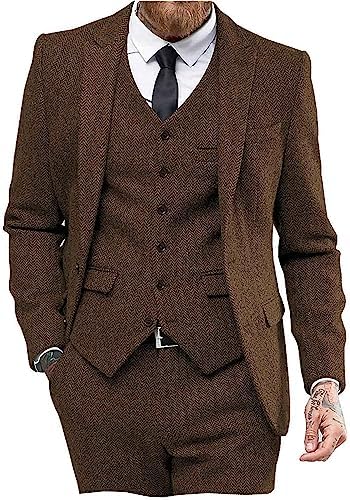 Mens Tweed Herringbone Wedding Suit Prom Tuxedos 3 Piece Peak Lap...