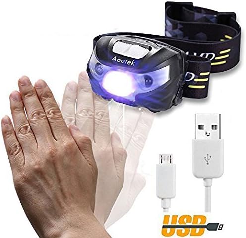 Aootek Headlamp Flashlight - USB Rechargeable Cree Led, Best for Outdoor/Indoor Activities, Hand-free SENSOR Switching ON/OFF. 3 Modes Extreme CREE Light,White LED Light, Flashing and Emergency Light.Waterproof,Super Bright, Lightweight & Comfortable, Easy to Use