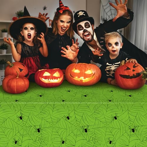 Image of TREWAVE 3 Pack Halloween Spiderweb Tablecloth Rectangular Plastic Spider Web Table Cloth Large Size Table Covers for Home Decor Halloween Party Decorations 54 inch x 108 inch (Green)