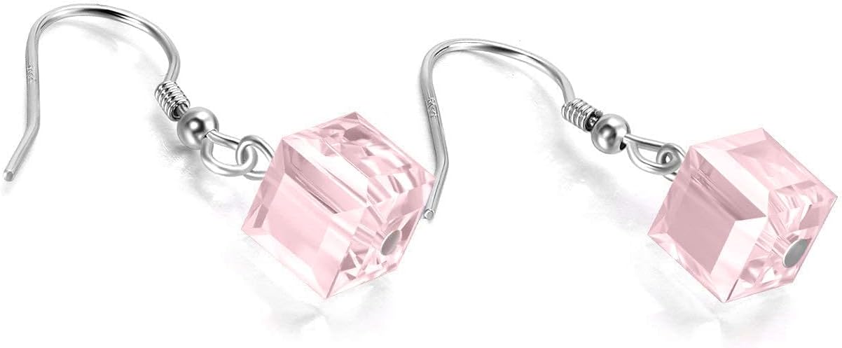 AOBOCO Sterling Silver Leverback Earrings Embellished with Crystals from Austria, Hypoallergenic 8mm Cube Crystal Square Earrings, Fine Anniversary Birthday Jewelry Gifts for Women