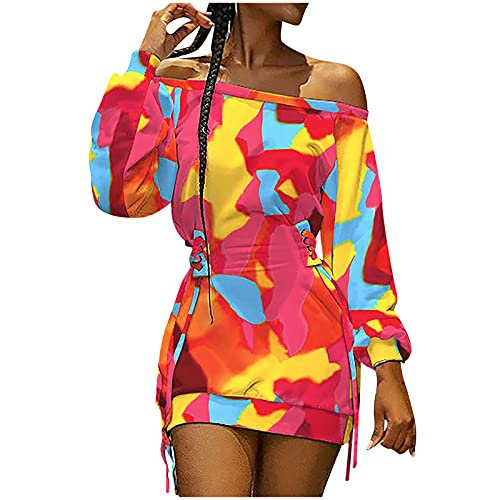 Fall Dresses for Women 2021,Sexy One Shoulder Long Sleeve Draw Back A Line Mini Dress Casual Floral Tshirt Dress