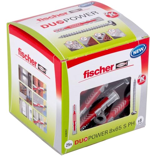 Image of fischer DuoPower 8 x 65 S PH, Powerful Universal Plug with Panhead Screw, Intelligent 2-Component Technology for fastenings in Concrete, Bricks, Stone, Gypsum plasterboard, etc., 25 Plugs & 25 Screws