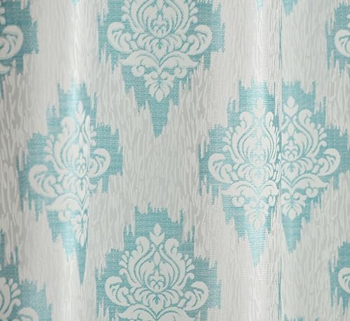 Image of Damas Printed Curtains 5 Feet Long for Doors & Windows, Living Room, Bedroom | Eyelet | Parda | Off White & Aqua Blue, 1 Piece