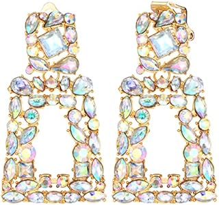 ADRAMATA Clip on Earring for Women Statement Dangly Earring Clip Large Rectangle Drop Dangle Earrings Handmade Geometric Gemstone Rhinestone Earring Fashion Colorful Gold Dangle Earrings Non Piercing