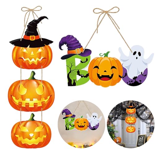 Simsky 2 Piezas Cartel Colgante de Halloween, Señal de Puerta de Halloween, Decoración de Calabaza Etiqueta Colgante de Halloween, Letrero de Puerta para Halloween El Patio La Decoración de Fiestas