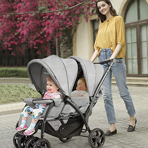 GOPLUS Geschwisterwagen Zwillingswagen, Kinderbuggy Klappbar, Buggy Zwilinge, Kinderwagen Babybuggy, Babywagen Grau, für Babys ab 6 Monate
