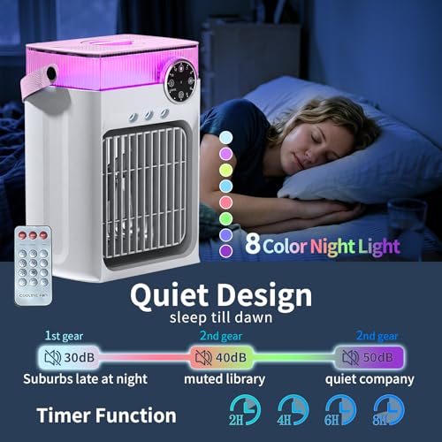 YFFU Portable Air Conditioner with Remote Control,1200ml Evaporative USB Mini Air Cooler RGB 8 Lights,3 Wind Speed,3 Spray Modes,2-8H Timer Small Portable Ac Unit for Home Bedroom, image 5