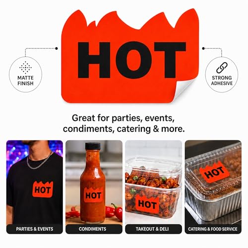 Image of ChromaLabel Hot Stickers, 2 x 1.25 Inch Fluorescent Red Orange Flame Labels, 500 /Roll, Rave Hot Stickers for Parties, Festivals, Events, Hot Sauce, Spicy Food & Retail Marking