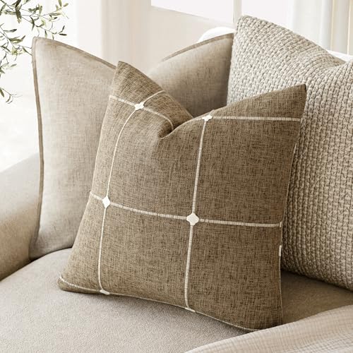Image of Foindtower Pack of 2 Decorative Faux Linen Jacquard Check Throw Pillow Covers Farmhouse Cushion Cover with Grid Textured Accent Pillowcase for Couch Sofa Living Room Home Decor,22x22 Inch,Tan Khaki