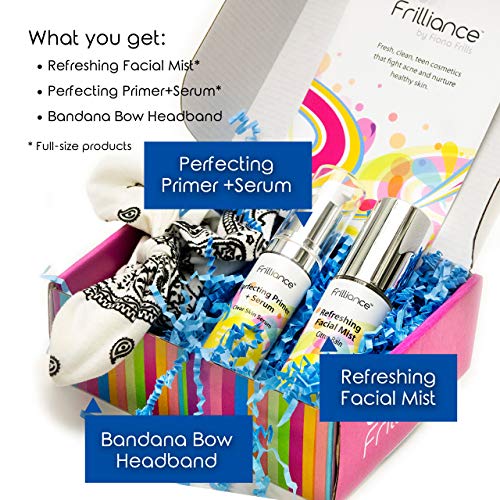 Frilliance Teen Clear Skin Gift Set Beauty Bundle, Vegan Cruelty-Free Hypo-Allergenic Primer & Serum, Face Mist, And Bandana #TOP1